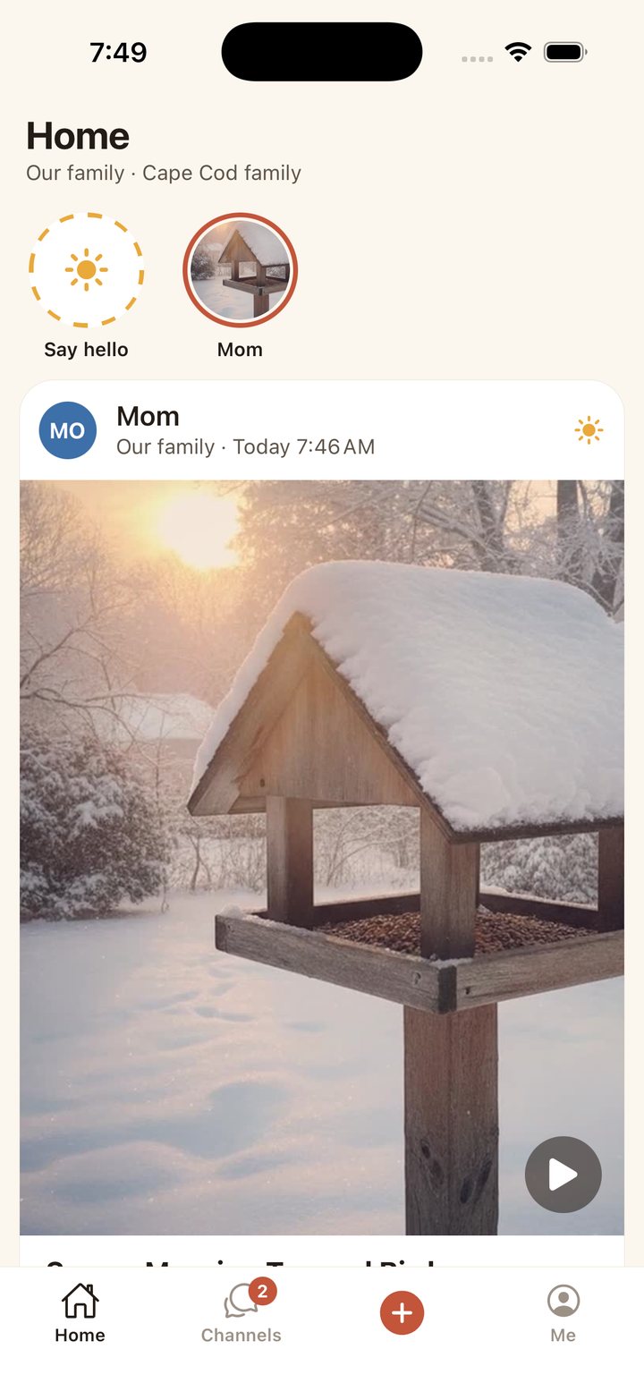 The Simple Family home feed with morning messages at the top