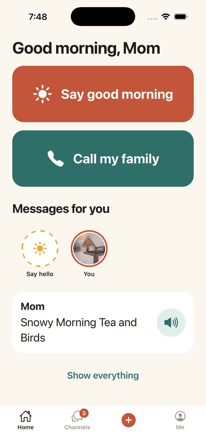 The simple home screen with Say good morning and Call buttons